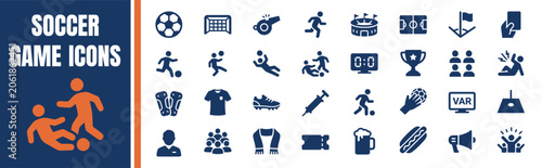 Soccer game icons set containing football match equipment and player action symbols.