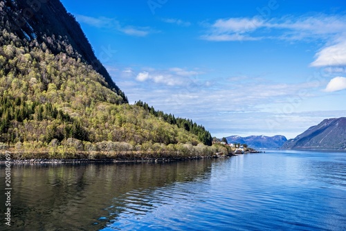 Landscape in Norway with a small harbour and some houses at the coastline, seen from a ship