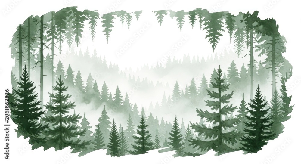 Obraz premium Watercolor pine forest landscape with misty mountain background.