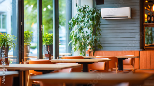 White wall mounted air conditioner in a modern restaurant interior. Empty cafe dining area with orange chairs and wooden tables. Commercial climate control