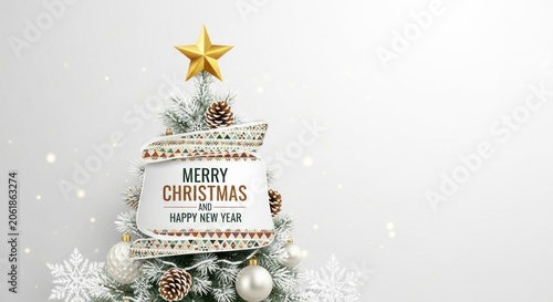 White frosted Christmas tree with star and greeting tag.