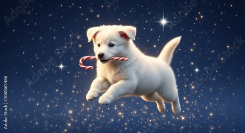 White puppy jumping through stars with candy cane.