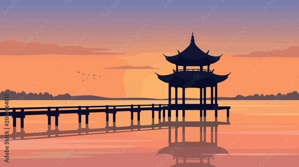 Naklejka premium Wooden pagoda pier silhouette over calm water at sunset, pagoda, pier, sunset, water, silhouette, lake, architecture, travel,