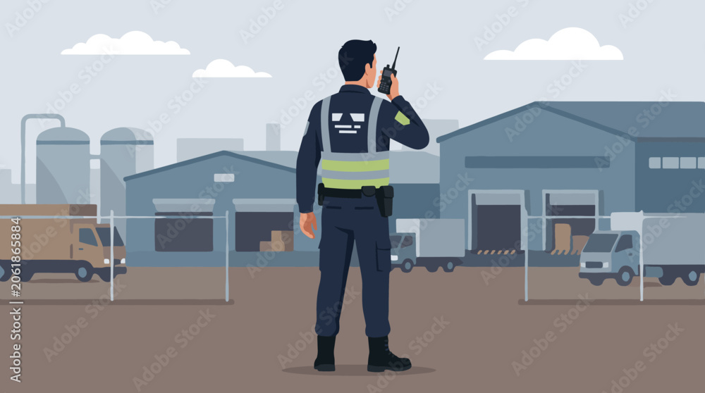 Fototapeta premium Security guard seen from behind with radio at industrial facility, guard, security, radio, uniform, backview, industrial, facility