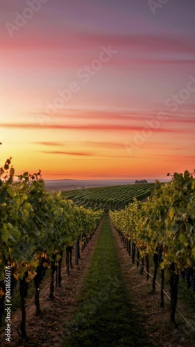 Beautiful vineyard landscape at sunset with rows of grapevines and colorful dramatic sky