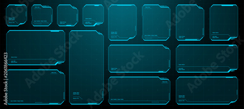 HUD vector set with blue futuristic interface frames. Digital data display panels and sci-fi technology UI elements for software development, gaming, screen graphic and infographic design.
