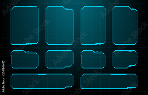 Futuristic HUD interface elements set. Digital technology data frame and information panel. Glowing blue cyber monitor display for software design, gaming overlay and sci-fi graphic.