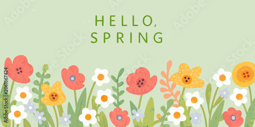 Floral ornament with tulips daisies and greenery on a pastel background