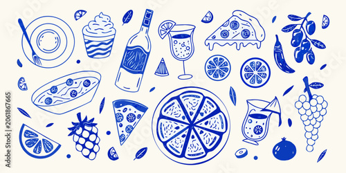 Bild auf Leinwand Blue Line Art Food And Drink Illustration With Citrus And Berries