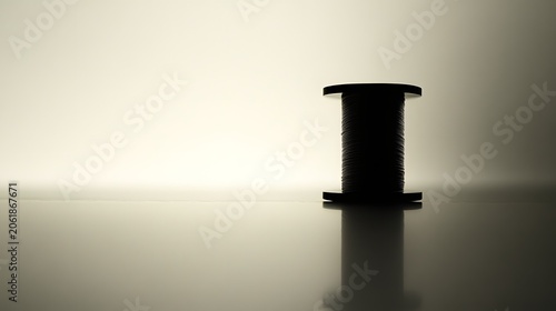 A minimalist silhouette of a spool placed on a reflective surface, capturing the essence of creativity and craftsmanship in sewing and textile arts.