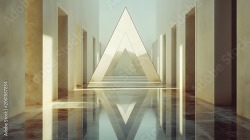 A modern architectural space featuring a large triangular prism reflecting in polished floors under soft natural light, creating a serene and inspiring atmosphere for creativity.