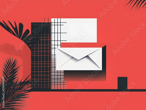 A modern graphic composition featuring an envelope, grid patterns, and tropical elements on a vibrant background.