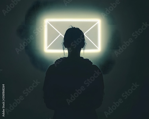 A silhouetted figure stands against a wall with a glowing envelope symbol, embodying themes of communication, connection, and the impact of technology on modern interactions.