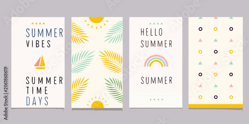 Geometric and tropical summer poster set flat vector illustration