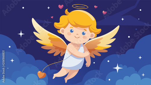Cupid flies through a blue sky, surrounded by floating red hearts, symbolizing love and romance