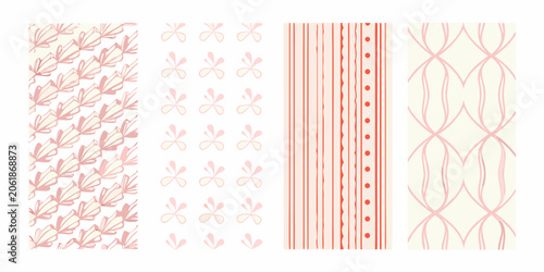 Floral ornament patterns in pink and red on a white background