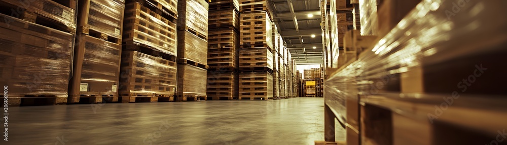 Fototapeta premium A wide-angle view of a warehouse filled with neatly stacked wooden pallets, showcasing an organized storage environment.