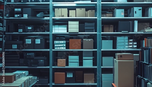 A well-organized storage room filled with neatly stacked boxes on metal shelves, representing efficiency and order in an industrial workspace.