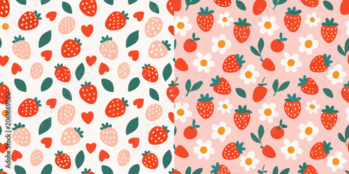 Strawberry Daisy Floral Ornament Repeating Pattern On Light Pink Background