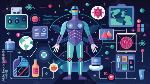 A futuristic healthcare setting showcasing AI technology enhancing patient care and diagnostics