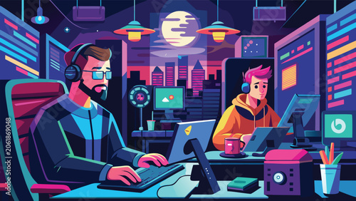 A diverse group of individuals collaborating at sleek computers in a modern, high-tech workspace