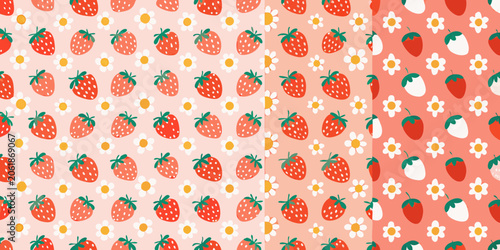 Strawberry daisy floral ornament repeating vector pattern on a pink background