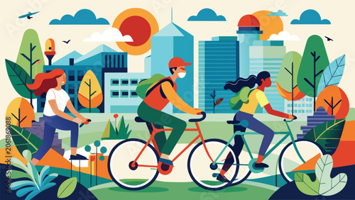 A lively park scene featuring individuals cycling and walking on a pathway surrounded by lush vegetation