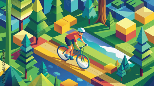 A man riding a bicycle through a lush green forest, surrounded by tall trees and dappled sunlight