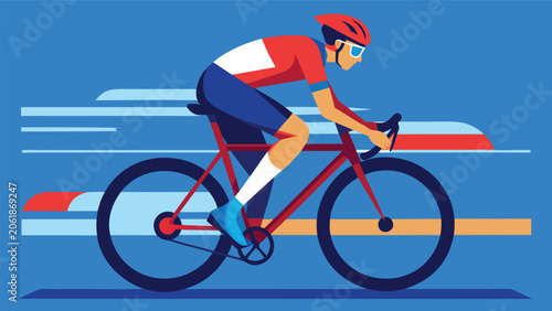 A cyclist riding a bike against a vibrant red background