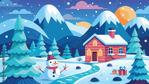 A snowy winter landscape featuring a snowman beside a cozy house nestled in a forest setting