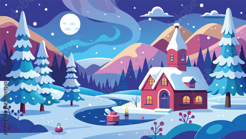 A snowy winter landscape featuring a snowman beside a cozy house nestled in a forest setting