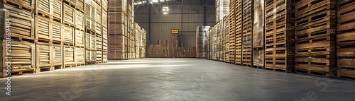 An expansive warehouse interior featuring stacks of wooden pallets, showcasing vast storage space and organized efficiency.
