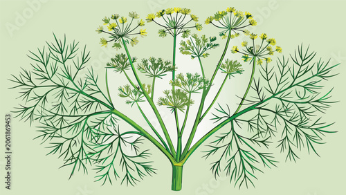 A cluster of dill plants with feathery green leaves set against a vibrant green background
