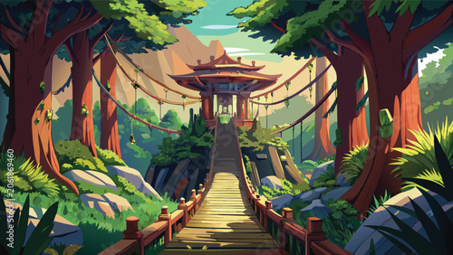 A cartoon forest scene featuring a colorful pagoda and a bridge surrounded by trees and foliage