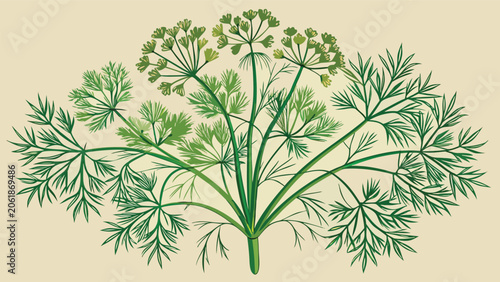 A cluster of dill plants with feathery green leaves set against a vibrant green background