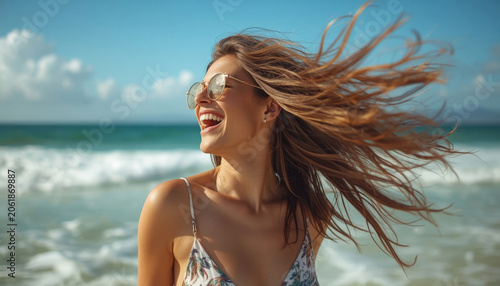 There is a woman that is standing on the beach with her hair blowing in the wind