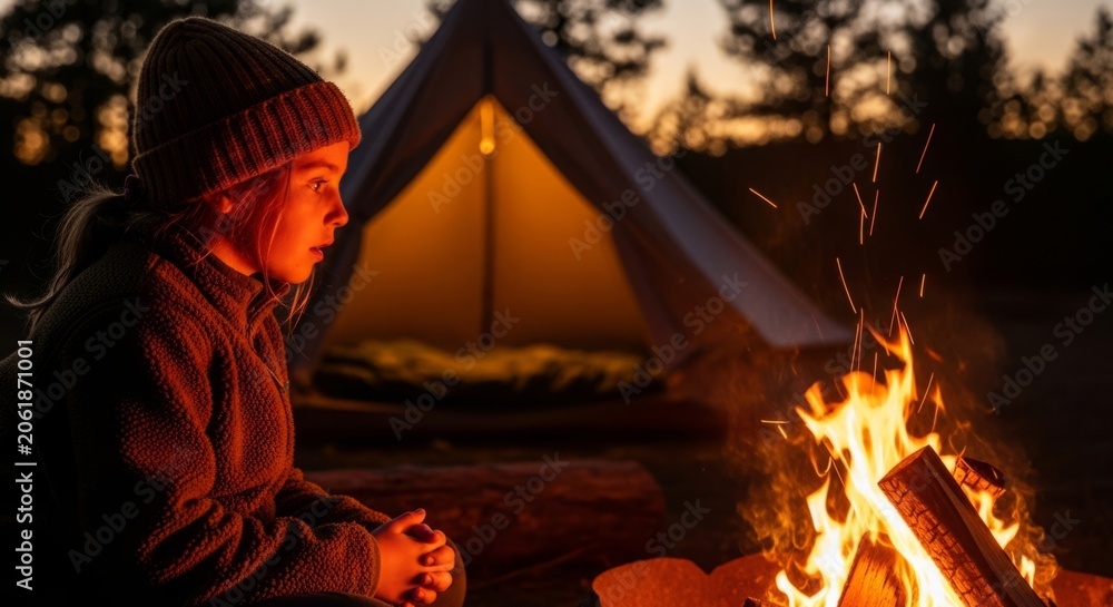 Fototapeta premium Young girl illuminated by campfire glow, contemplating nature at dusk with tent in background