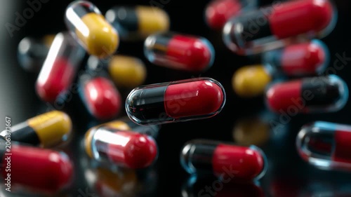 Red and black capsules floating and rotating over reflective dark surface in close up studio