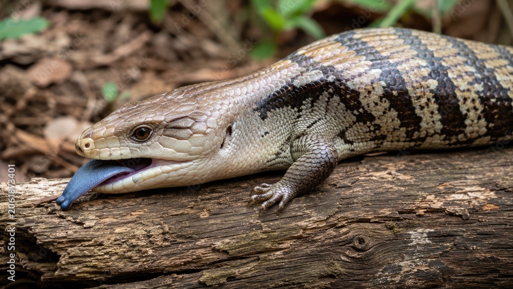 Fototapeta premium Close-up of a blue‐tongued skink lizard extending its distinctive blue tongue while resting on a textured log in a woodland setting