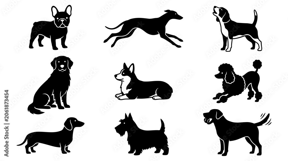 Obraz premium A diverse collection of black dog silhouettes showcasing different breeds and activities, ideal for various design uses.