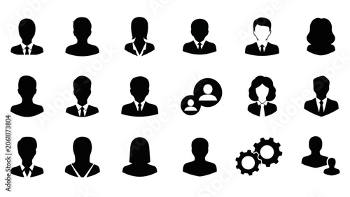 Set of user profile icons, avatars, and business management symbols