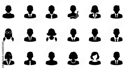 Set of various business people avatars and user profile icons, black silhouettes
