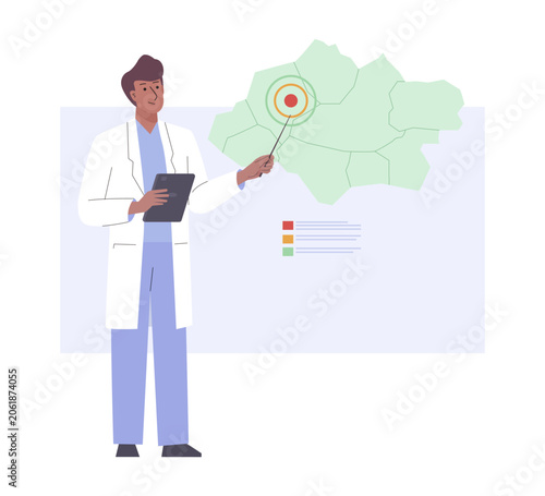Doctor Epidemiologist shows endemic zone and spread of disease on map for data analysis. Male scientist