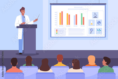 Medical conference. Male Doctor scientist on stage demonstrates result of study or research