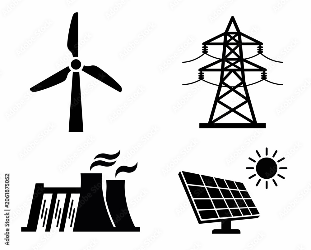 Fototapeta premium Set of energy icons including wind turbine, power transmission tower, plant and solar panel