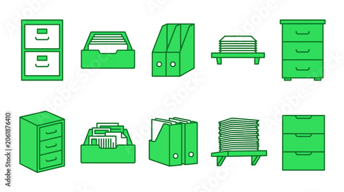 Set of green office document storage icons including filing cabinets and paper trays