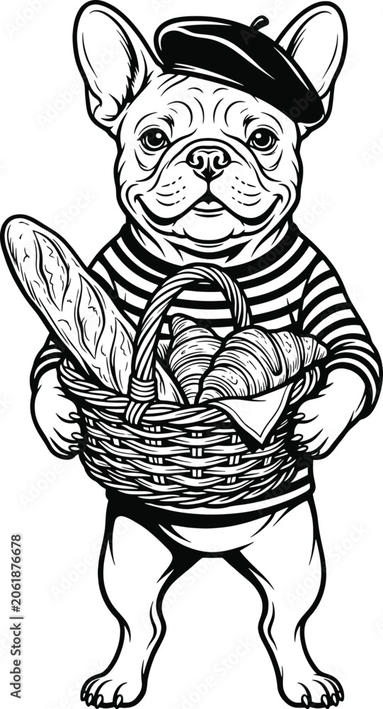 Fototapeta premium Anthropomorphic french bulldog holding a basket of fresh baguettes and pastry