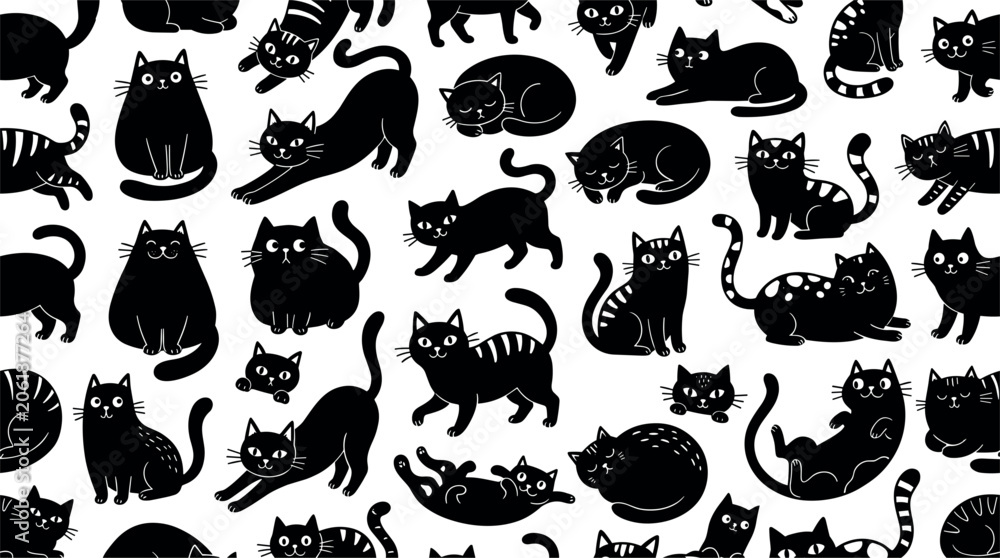 Obraz premium Seamless Pattern of Cute Black Cats and Kittens in Various Poses for Fabric Printing, Wrapping Paper, Backgrounds, and Halloween Graphic Designs