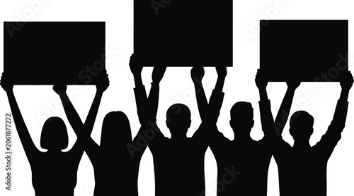 Protest, silhouette people, diverse group holding blank signs for demonstrations, activism, social movements, and public awareness.
