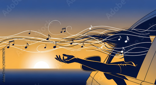 Silhouette of person in car with music notes floating